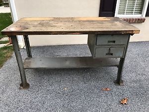 Lyon industrial work bench with butch block table top steel legs w/footrest usa for sale