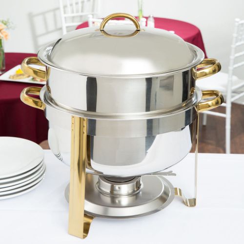 Choice 14 Qt. Deluxe Round Gold Accent Stainless Steel Soup Chafer