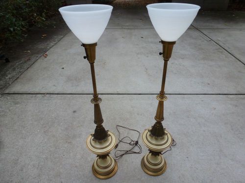 Vintage Pair Stiffel Brass Table Lamps Torchiere Milk Glass Hollywood Regency