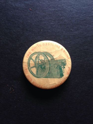 White Gasoline Engine Pin Pinback Button Hit Miss Stationary Gas Engine