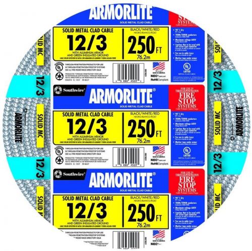Southwire armorlite armored 250-ft 12/3 solid aluminum mc cable copper wire new for sale