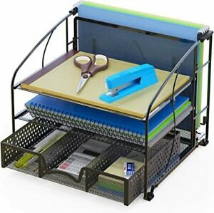 Desk Organizer 3 Tray w/ Sliding Drawer and Hanging File Holder, Black
