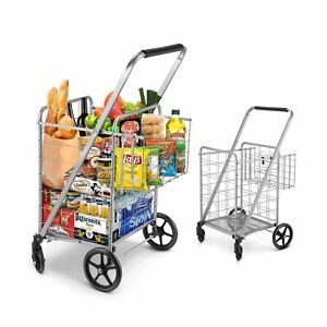 Shopping Cart, Jumbo Double Basket Grocery Cart 330 lbs Capacity Folding Shop...