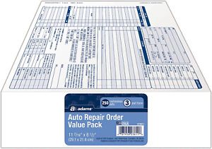 Adams Garage Repair Order Forms, 8.5 x 11 Inch, 3 Parts, 250-Count, White and Ca