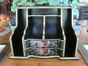 HAND PAINTED ROSES VICTORIAN STYLE BLACK GOLD COLORFUL DESK ORGANIZER W/ DRAWERS