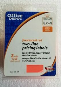 Office Depot 2-Line Pricing Labels Florescent Red 2 Rolls 1750 #609-225 OD2020