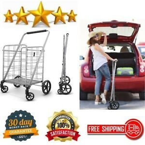 Grocery Utility Flat Folding Shopping Cart 360 Rolling Swivel Wheels Heavy Duty