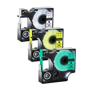 3PK Black on White/Yellow/Green Label Tape 12mm7m For DYMO D1 45013 45018 45019