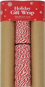 Plain Kraft Postal Wrap Brown Kraft Paper, 3 Rolls, with Red Baker&#039;s Twine