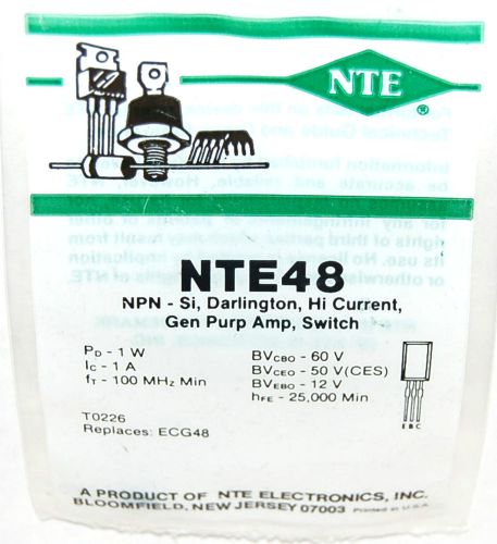 NTE NTE48 NPN-SI DARLINGTON HI CURRENT GEN PURP AMP SWITCH T0226 EQUIV to ECG48