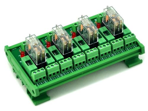 DIN Rail Mount Fused 4 DPDT 5A Power Relay Interface Module, G2R-2 24V DC Relay