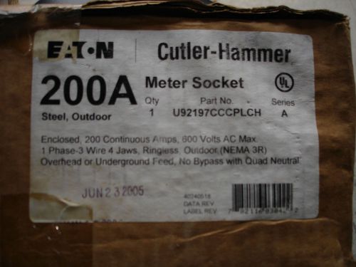 Cutler Hammer U92197CCCPLCH 200A 1phase 3W 4 jaw ringless 3R Meterbase-NEW