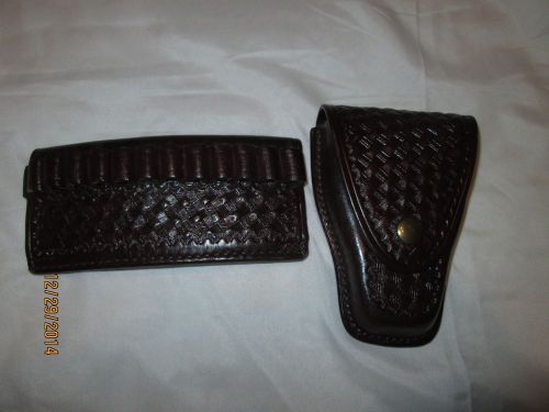 Don Hume brown basket weave leather handcuff pouch and round holder
