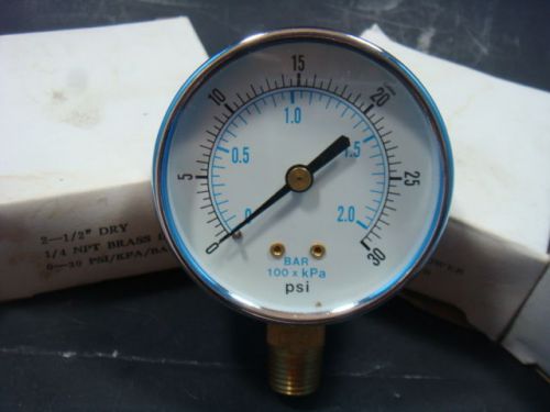 New pressure gauge 2-1/2&#034; dry, 1/4 npt brass lower, 0-30 psi/kpa/bar, new in box for sale