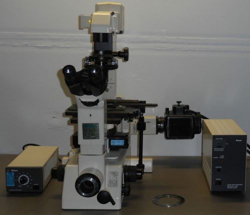 Nikon diaphot 300 inverted phase contrast microscope with 4 objective lenses for sale