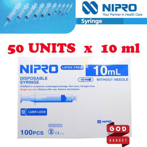 50 x 10ml cc nipro syringe luer lock tip hypodermic sterile latex free no needle for sale