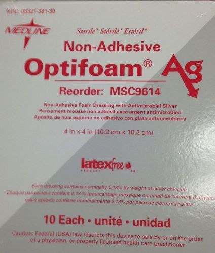 Box of 9 Medline OPTIFOAM Ag MSC9614 Non-Adhesive 4&#034; x 4&#034; Foam Dressing Silver