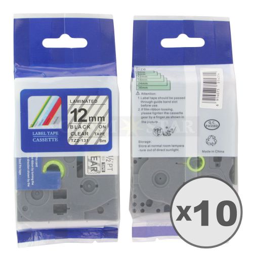 10pk transparent on black tape label for brother p-touch tz tze 131 12mm 1/2&#034; for sale