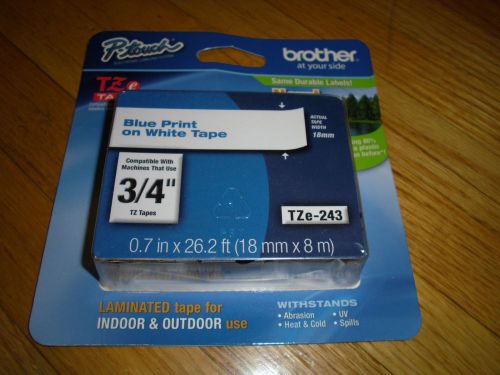 New ! genuine brother tze-243 p-touch label tape, 3/4&#034; blue on white tape for sale