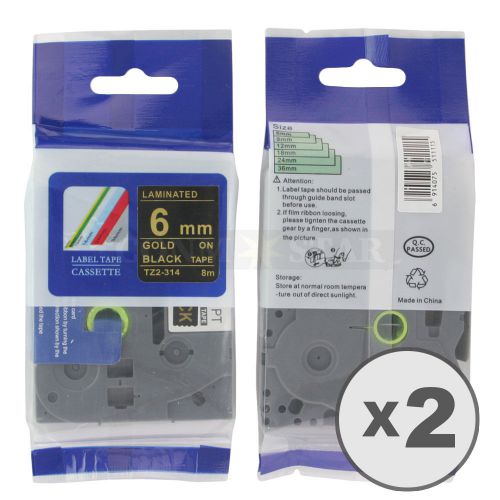 2pk Gold on Black Tape Label Compatible for Brother P-Touch TZ 314 TZe 314 6mm