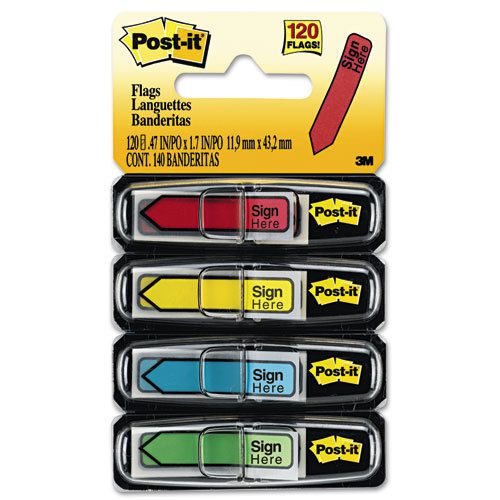 Post-it Arrow Message 1/2 Flags, Sign Here, 4 Colors w/Dispensers, 3 PKS of 120