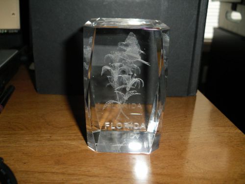 Laser Etched Cut Glass Crystal Florida Paperweight 3-D Hummingbird Lilies Travel