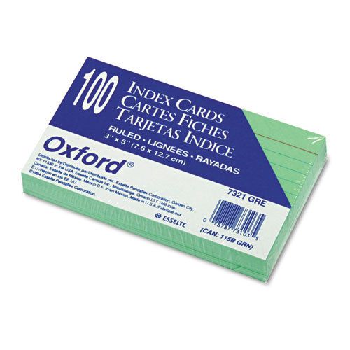 Oxford Ruled Index Cards, 3 x 5, Green, 100/Pack, PK - ESS7321GRE