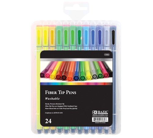 BAZIC 24 Color Washable Fiber Tip Pen, Case of 12