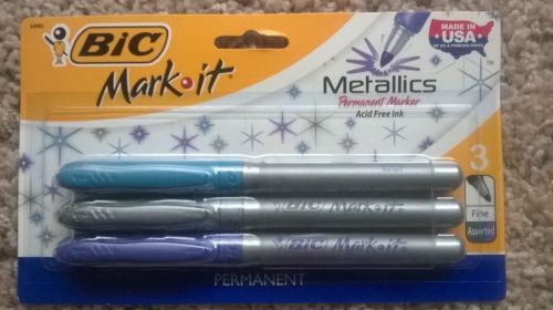 BIC Mark it Metallic Blue Purple Silver 3pk Permanent Markers Fine Tip NEW