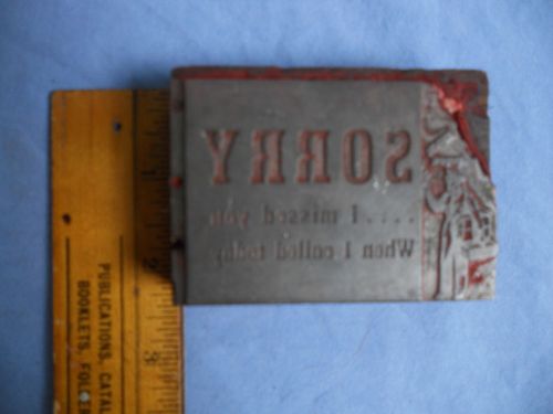 3&#034; x 2 3/16&#034; Vtg Printing Block Plate - SORRY Missed You - Mailman with Packages