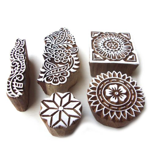 Hand carved flower motifs wooden block printing tags (set of 5) for sale