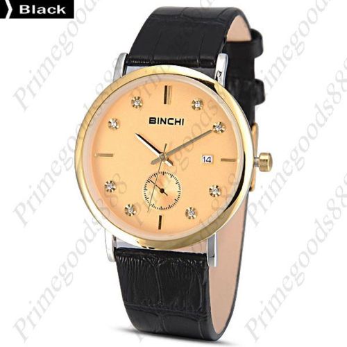 Thin gold rhinestones date quartz wrist analog sub dial men&#039;s wristwatch black for sale