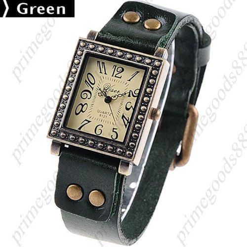 Square Vintage PU Leather Free Shipping Wrist Quartz Wristwatch Women&#039;s Green