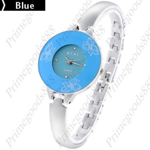 Alloy Bangle Bracelet Flowers Rhinestones Wrist Quartz Wristwatch Women&#039;s Blue