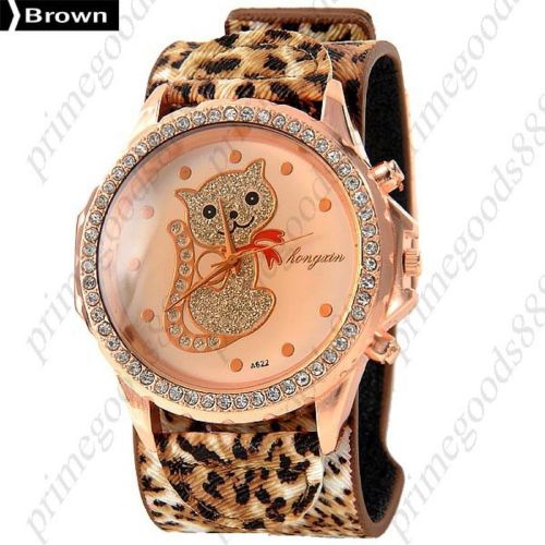 Leopard Rhinestones PU Leather Lady Ladies Wrist Quartz Wristwatch Women&#039;s Brown
