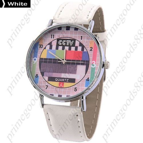 PU Leather Band Rhinestones Round Silver Quartz Analog Wrist Wristwatch White
