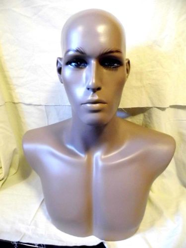 MALE MANNEQUIN HEAD SHOULDERS CHEST BROWN W/ GREEN EYES EYELASHES 21&#034;