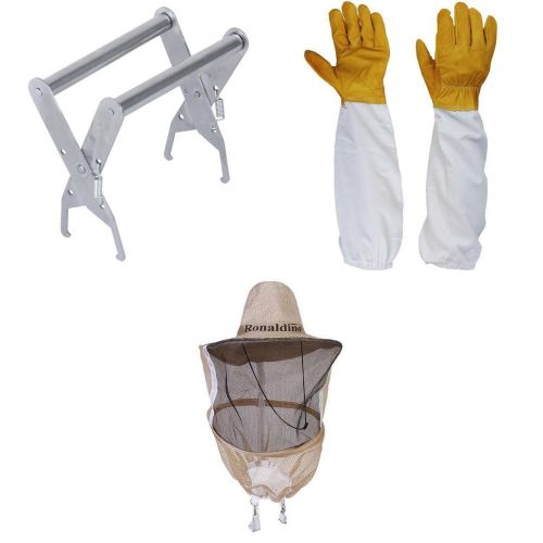 Hive Frame Holder Grabber+ 1pair Gloves + Protective Hat Mesh Net For Beekeeper