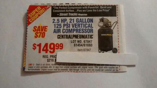 Harbor freight coupon 2.5 hp 21 gallon 125 psi vertical air compressor save $70 for sale