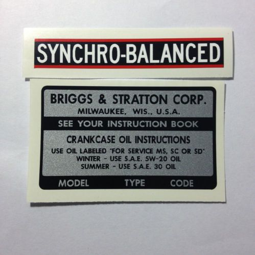 Briggs &amp; stratton model type &amp; code and syncho-balanced decals for 14, 15, 16hp for sale