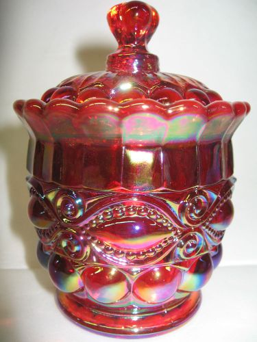 Ruby red carnival glass eyewinker pattern Candy dish sugar bowl royal iridescent