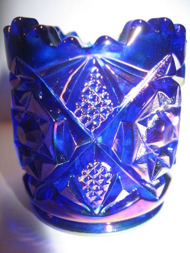 Cobalt Blue iridescent carnival glass tabletop toothpick holder diamond star art