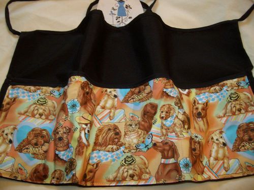 Black waist apron dogs &amp; cat server waitress restaurant cafe bar 3 pocket apron for sale