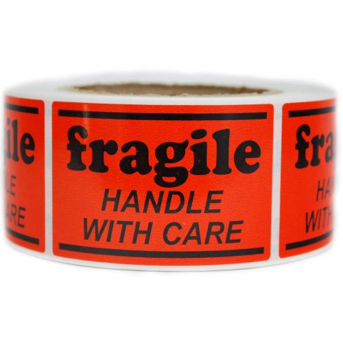 Glossy Orange &#034;Fragile Handle with Care&#034; Labels Stickers  2&#034; by 3&#034; - 500 ct Roll