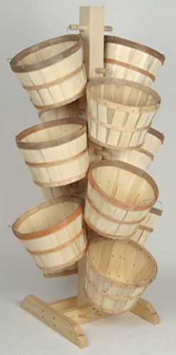 Wood Display with 12 Half Bushel Baskets Natural Wood