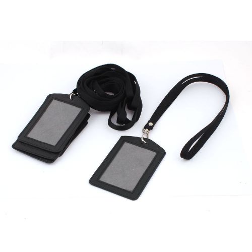 5pcs Black Faux Leather Vertical Business Badge Work ID Card Holder w Neck Strap