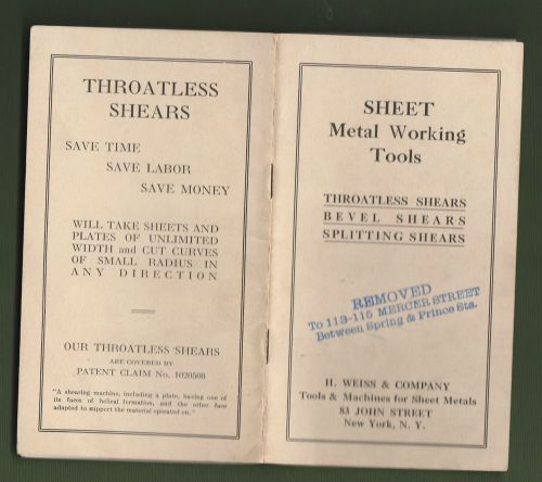 H Weiss &amp; Company THROATLESS Sheet Metal Working Shears Tools Booklet