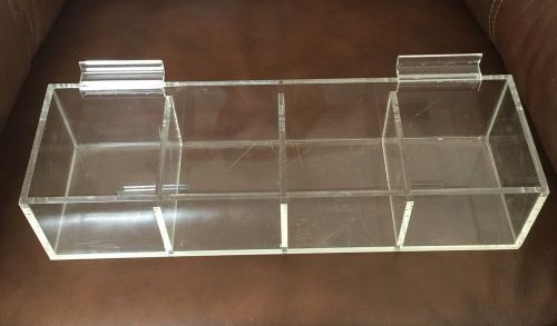 Lot of 2 Clear Acrylic Slatwall 4 Compartment Bin 14&#034;x 4 1/4&#034; with rear Lip