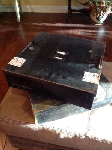 2- Vintage Black Metal Cash Box Till Register Drawer Vault 15&#034; X 15&#034; X 4&#034;