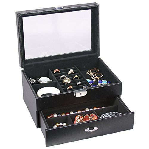 Black Leather Carbon Fiber Jewelry Storage Case w/Drawer Glass Top Lock and K...